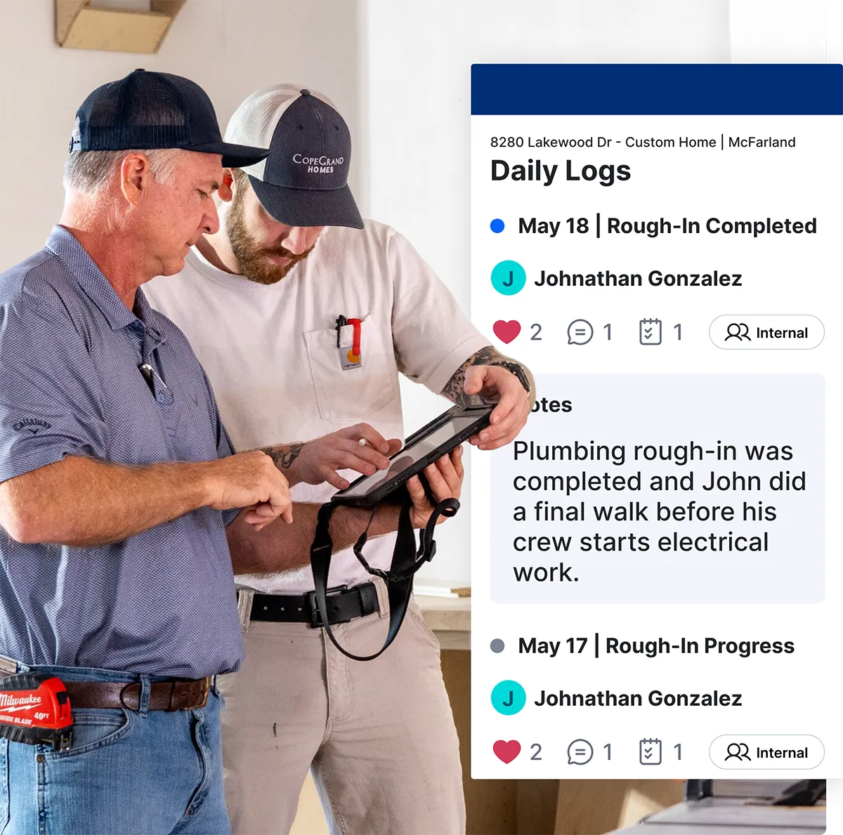 Construction professionals reviewing project details on a tablet next to a mobile interface displaying daily logs, project updates, and activity tracking.